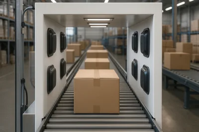 Cardboard Boxes Moving Along Automated Warehouse Conveyor Belt