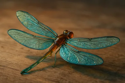 Glass Dragonfly Sculpture On Wooden Surface