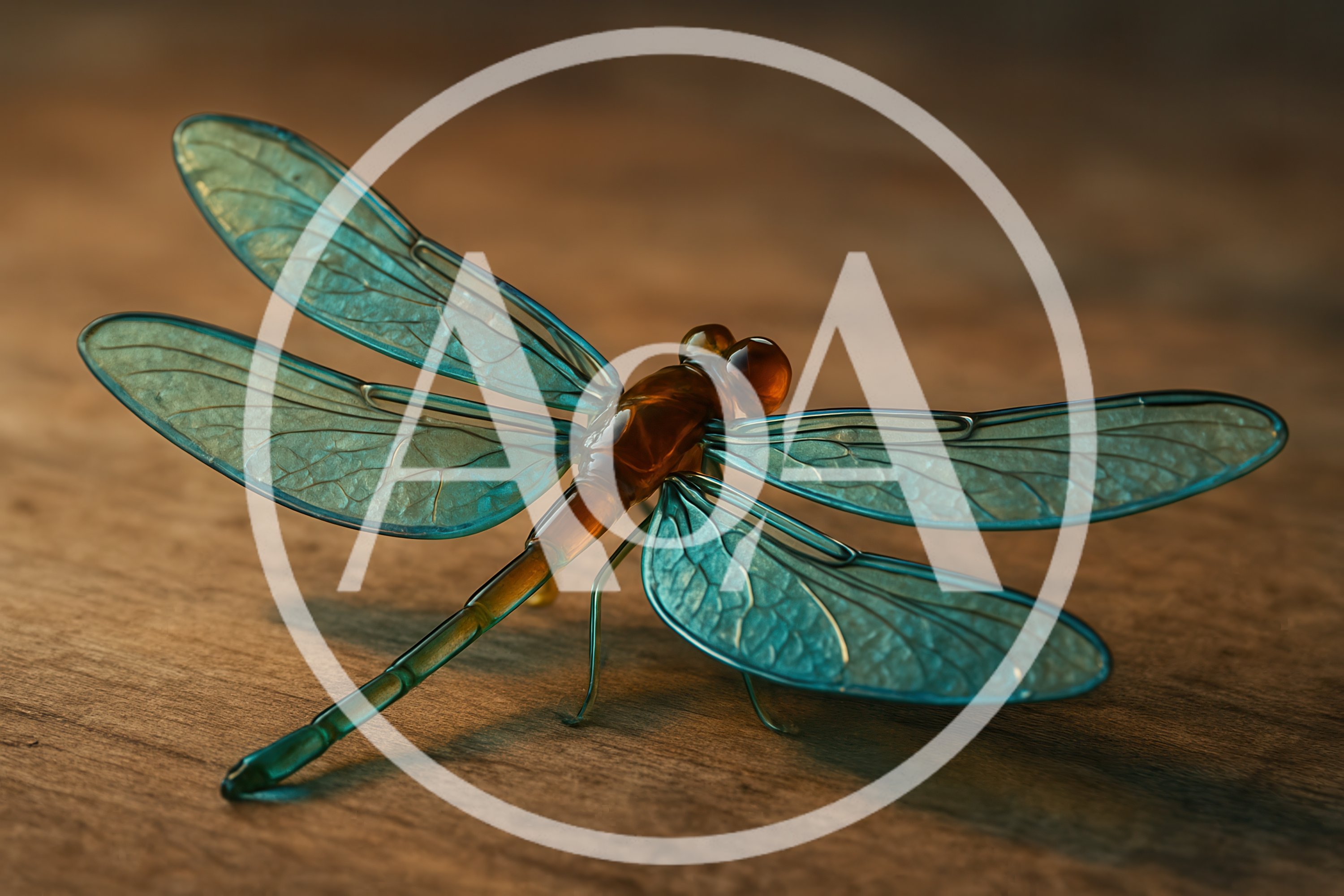 Glass Dragonfly Sculpture On Wooden Surface