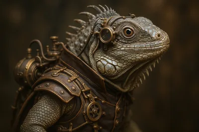 Steampunk Iguana Portrait With Mechanical Gear Accessories