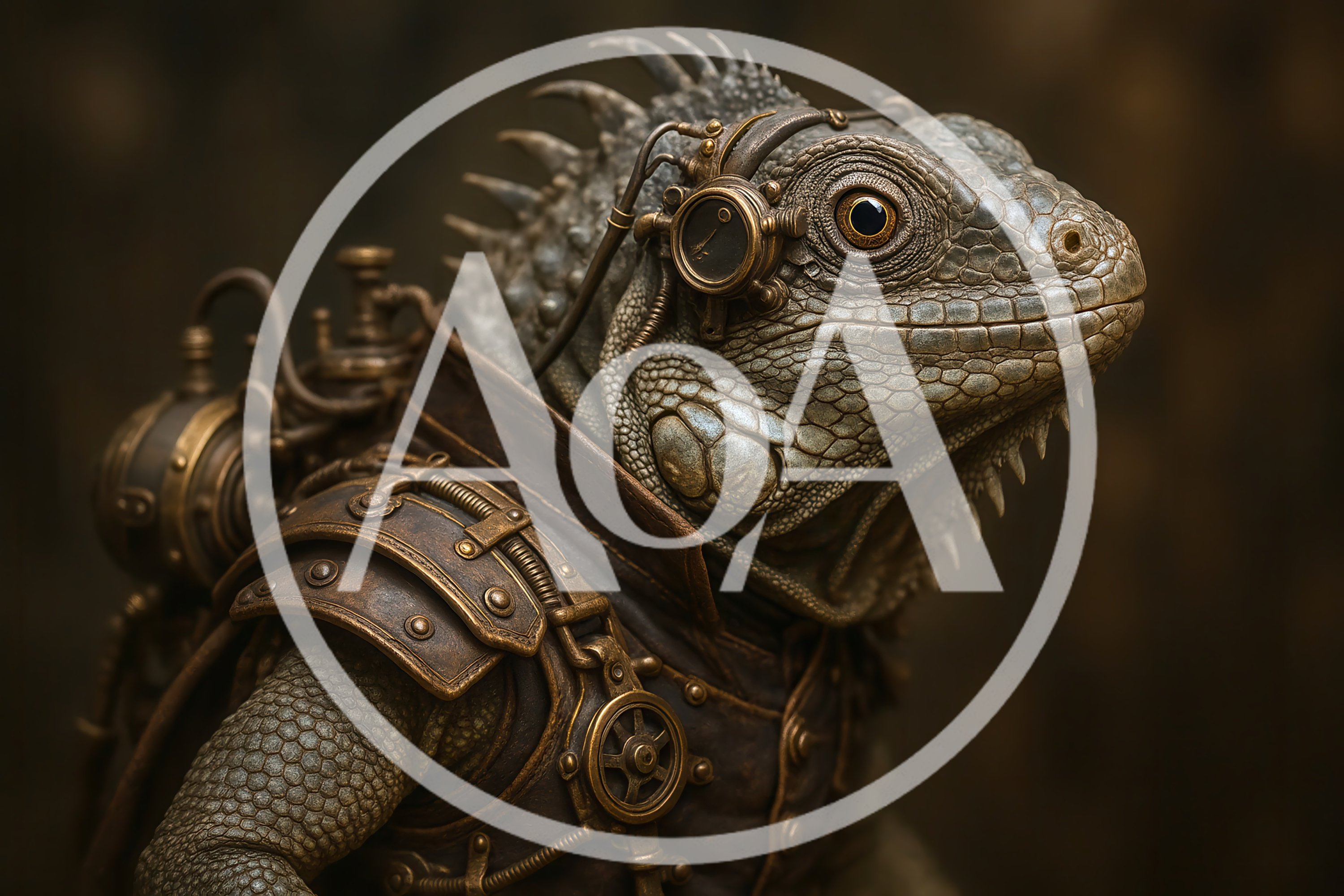 Steampunk Iguana Portrait With Mechanical Gear Accessories