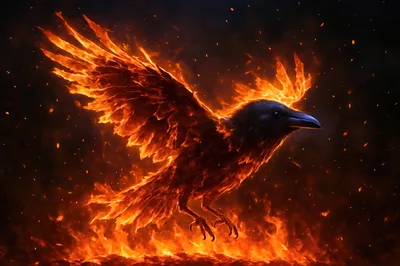Fiery Raven Flying Through Intense Flames