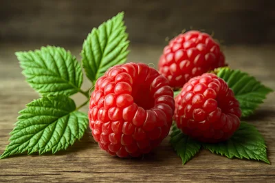 Fresh Red Raspberries With Green Leaves On Wooden Table