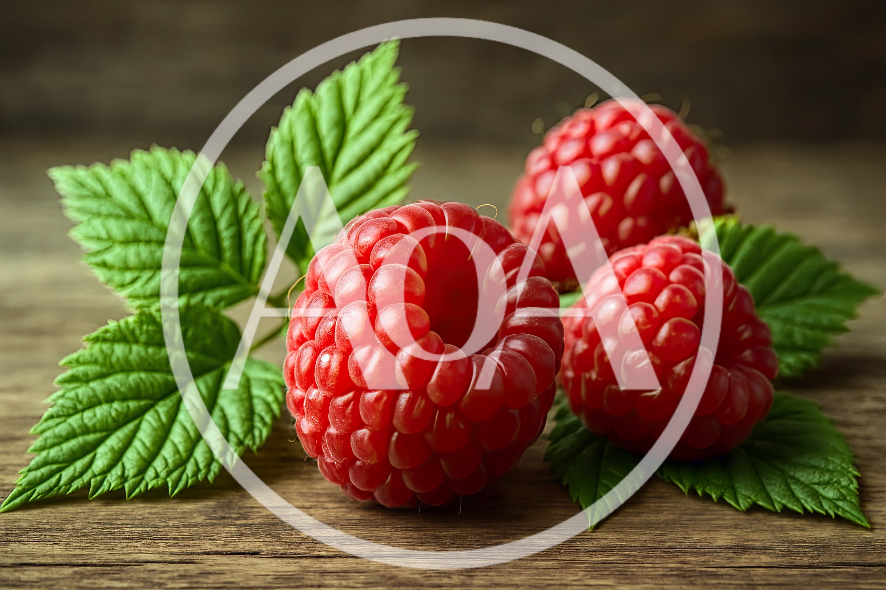 Fresh Red Raspberries With Green Leaves On Wooden Table