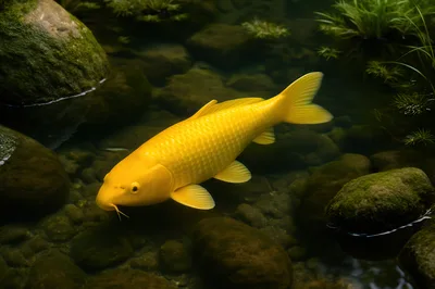 Golden Koi Fish Swimming In A Clear Pond