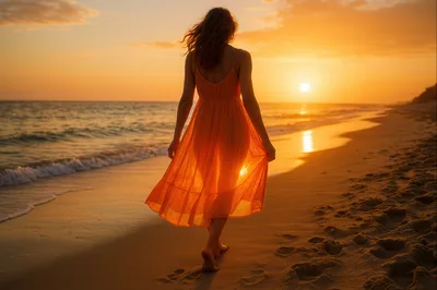 Woman Walking Along Beach At Sunset