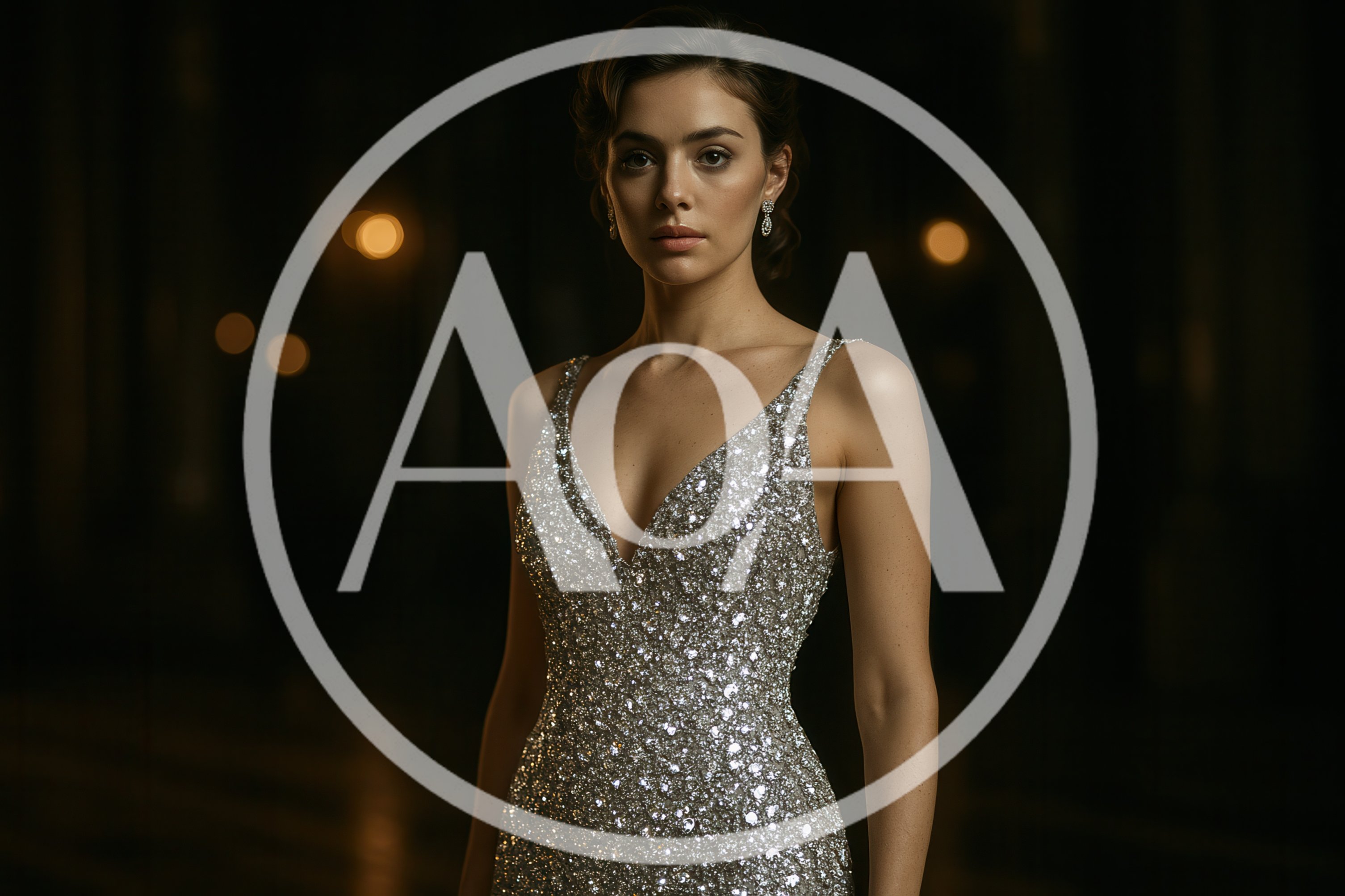 Elegant Woman In Sparkling Silver Evening Gown