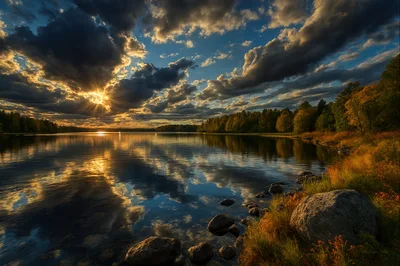 Golden Sunset Over A Calm Forest Lake