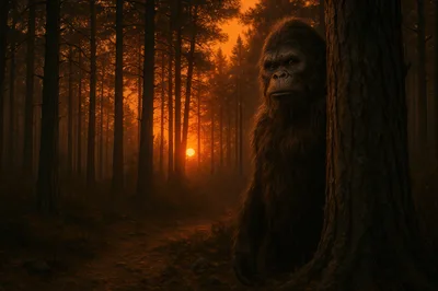 Bigfoot Standing Behind A Tree In A Forest