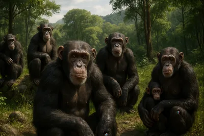 Group of Chimpanzees Sitting in a Lush Forest