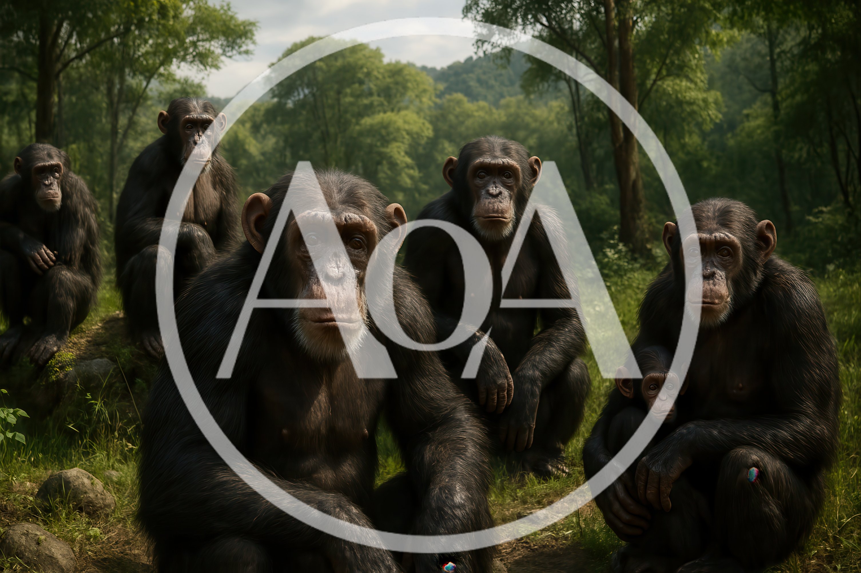 Group of Chimpanzees Sitting in a Lush Forest