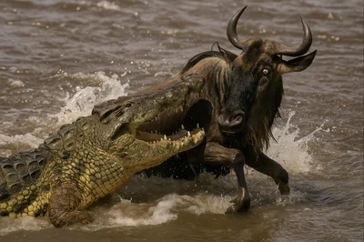 Nile Crocodile Attacking A Wildebeest In The Mara River