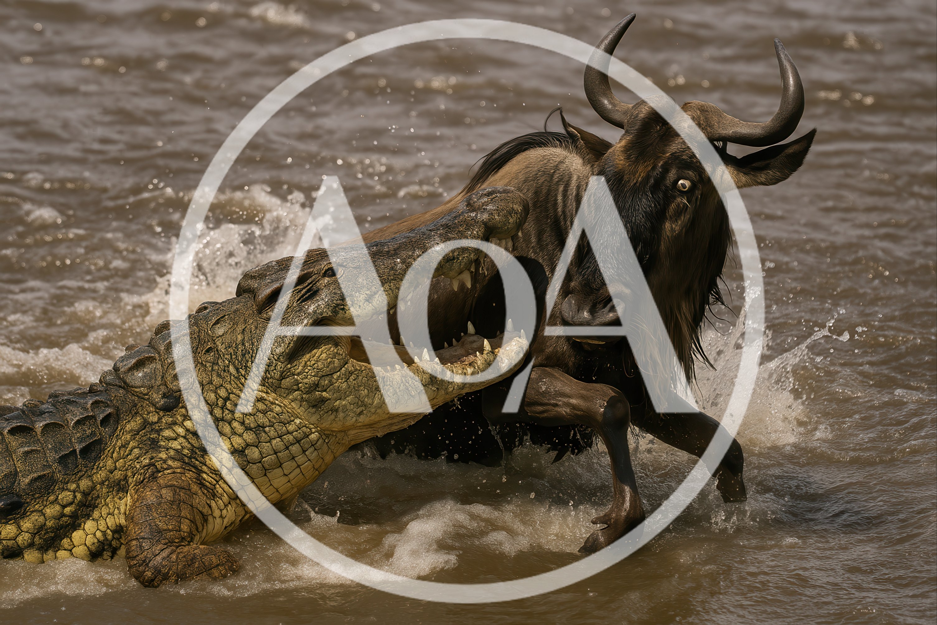 Nile Crocodile Attacking A Wildebeest In The Mara River