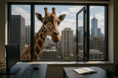 Surreal Giraffe Looking Through High Rise Office Window
