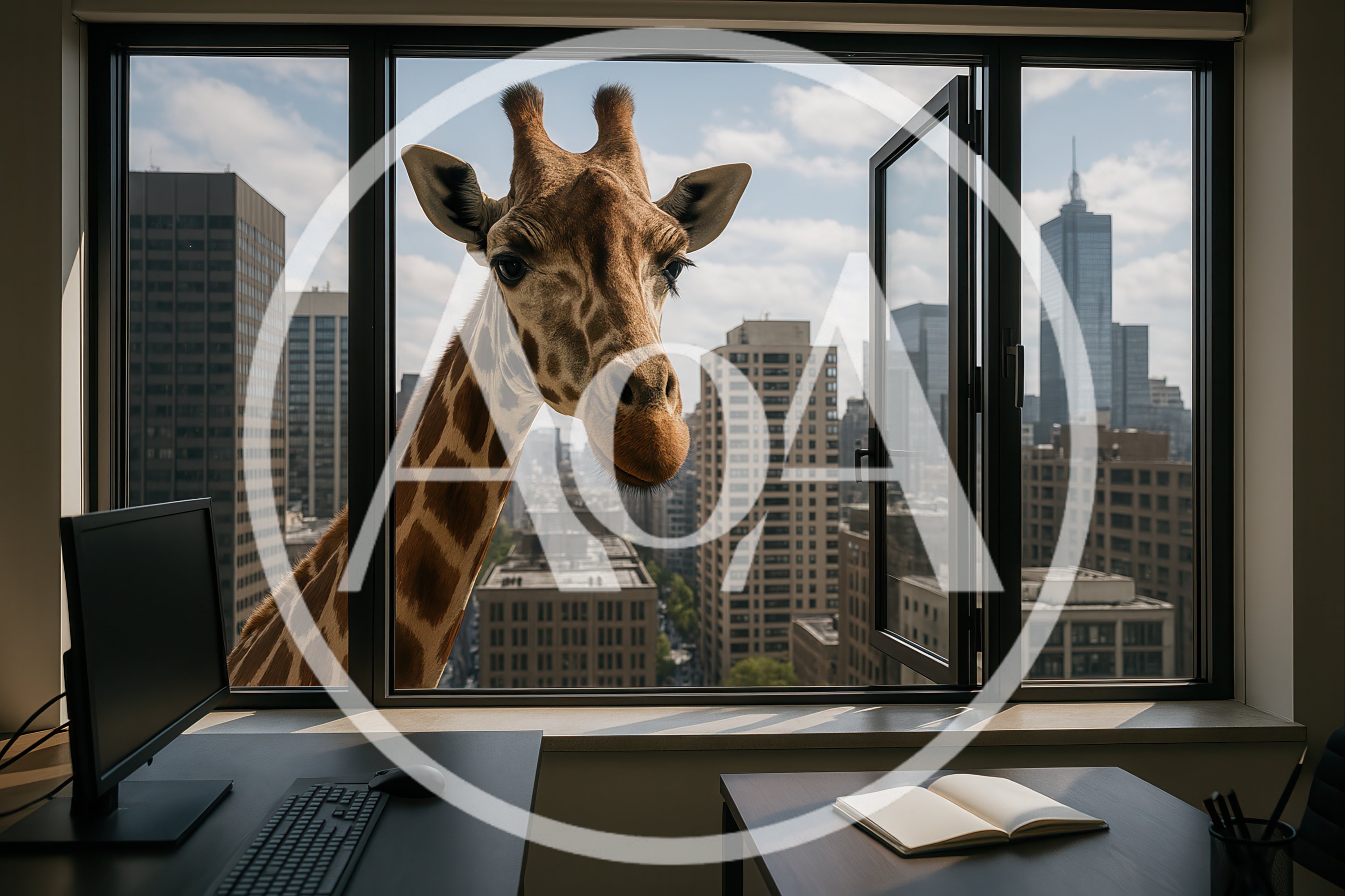 Surreal Giraffe Looking Through High Rise Office Window