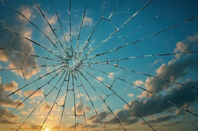 Shattered Glass Pane Against A Sunset Sky
