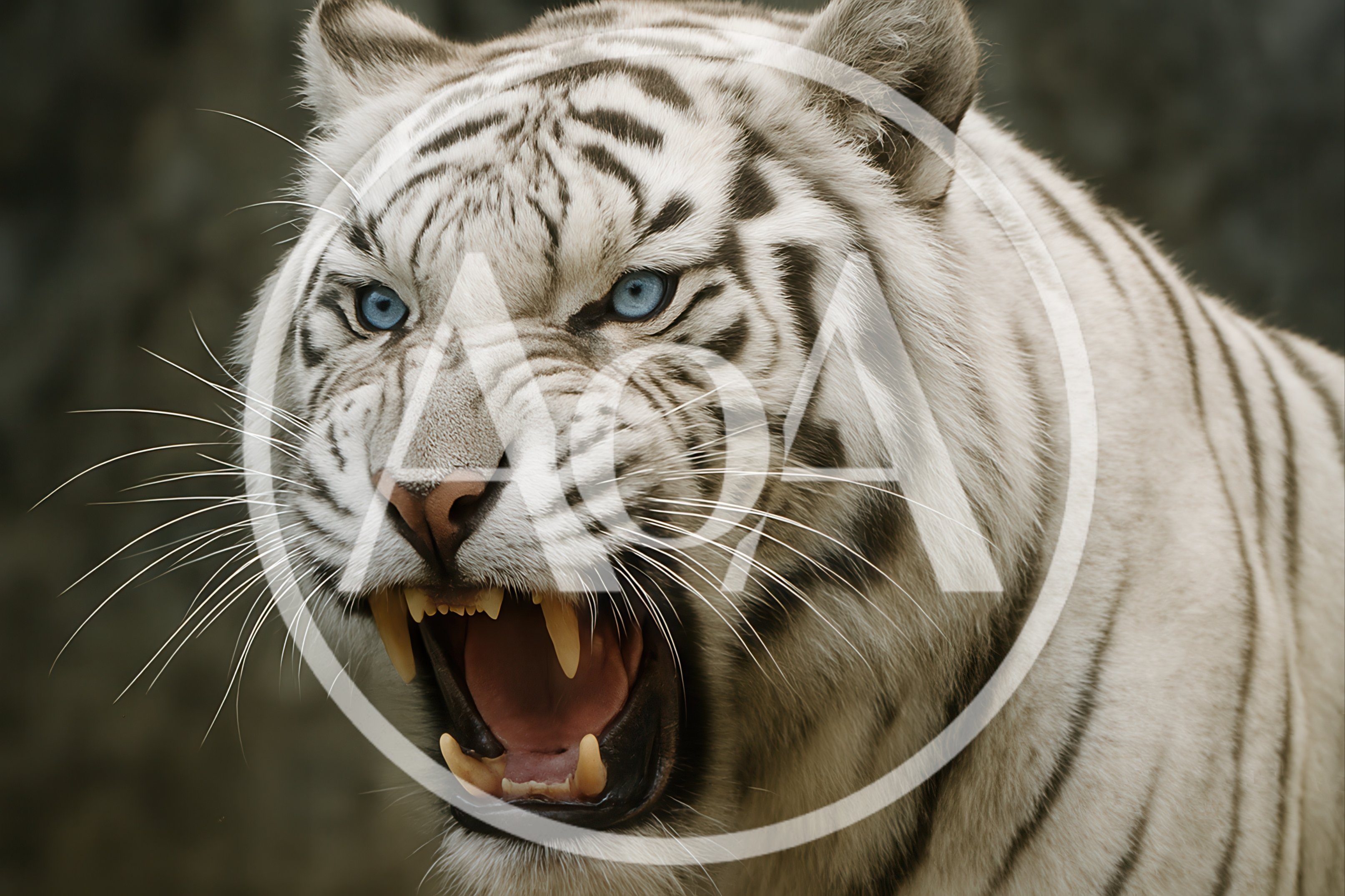 Aggressive White Tiger Roaring With Blue Eyes