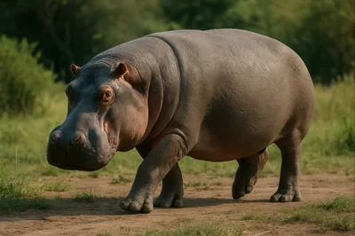 Hippopotamus Walking Through African Savanna Grassland