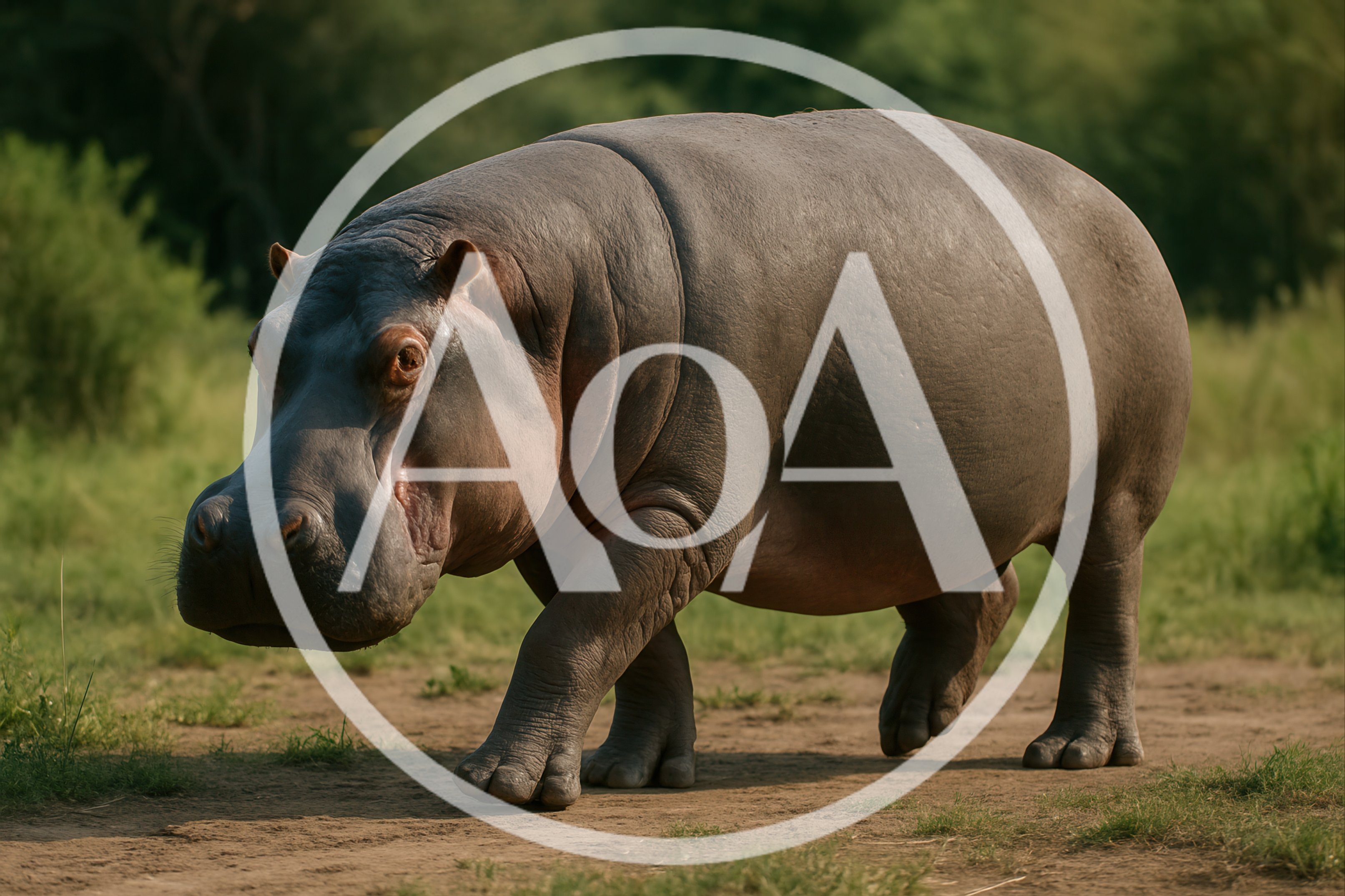 Hippopotamus Walking Through African Savanna Grassland
