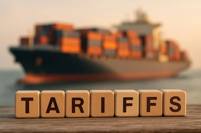 Wooden Blocks Spelling Tariffs With Cargo Ship Background