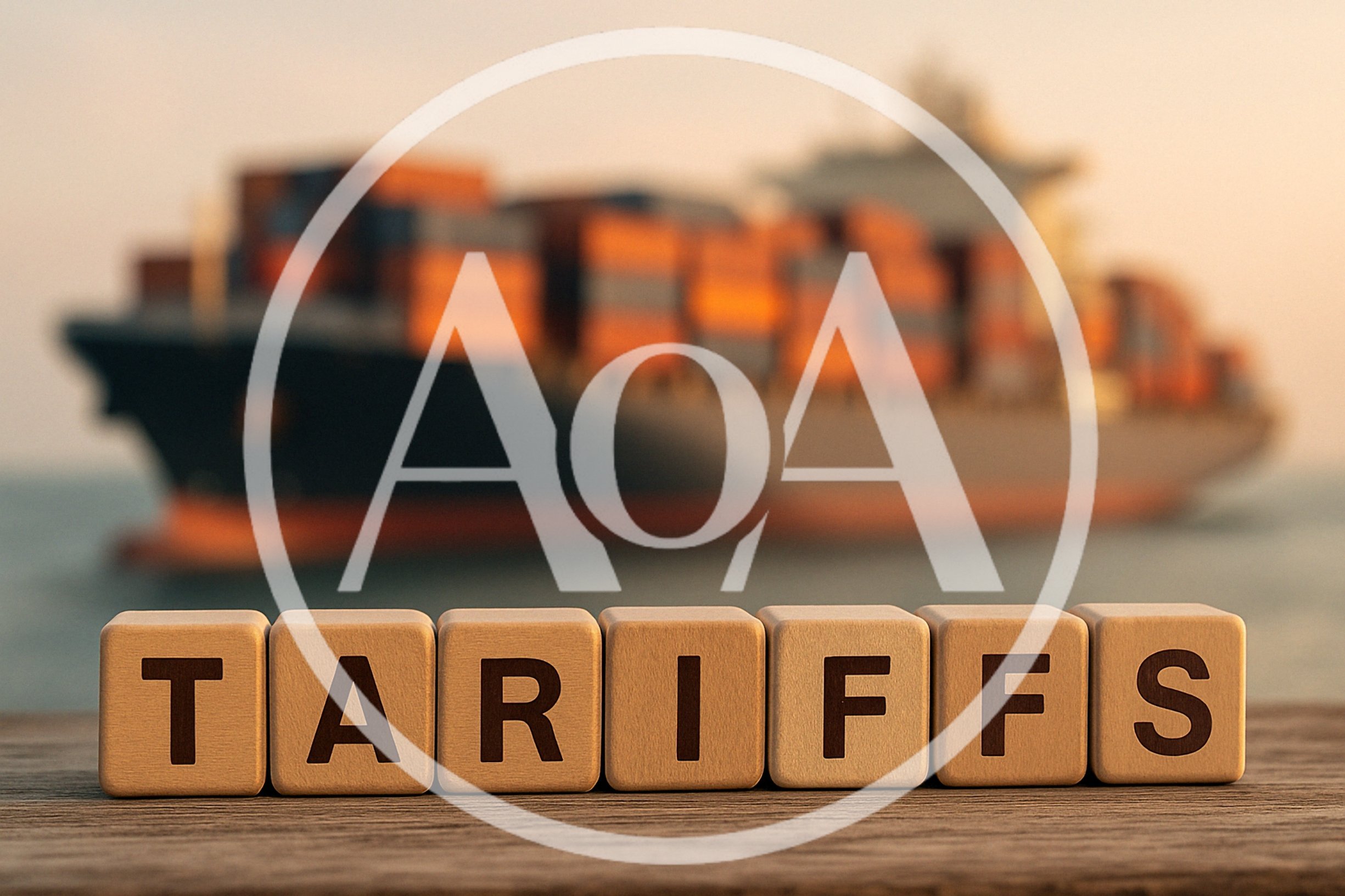 Wooden Blocks Spelling Tariffs With Cargo Ship Background