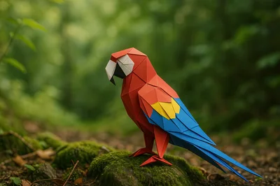 Origami Paper Parrot Perched On Mossy Forest Floor