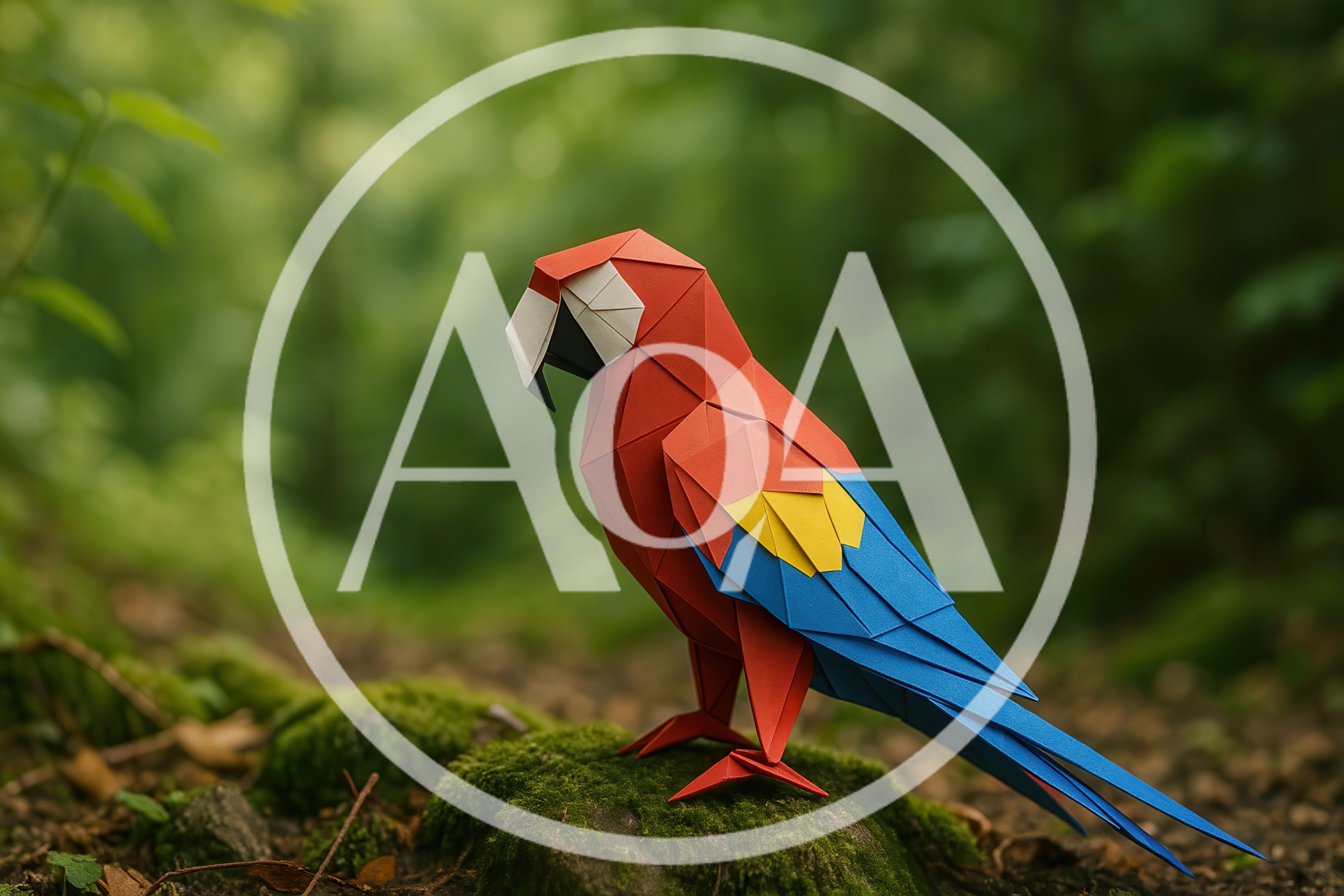 Origami Paper Parrot Perched On Mossy Forest Floor