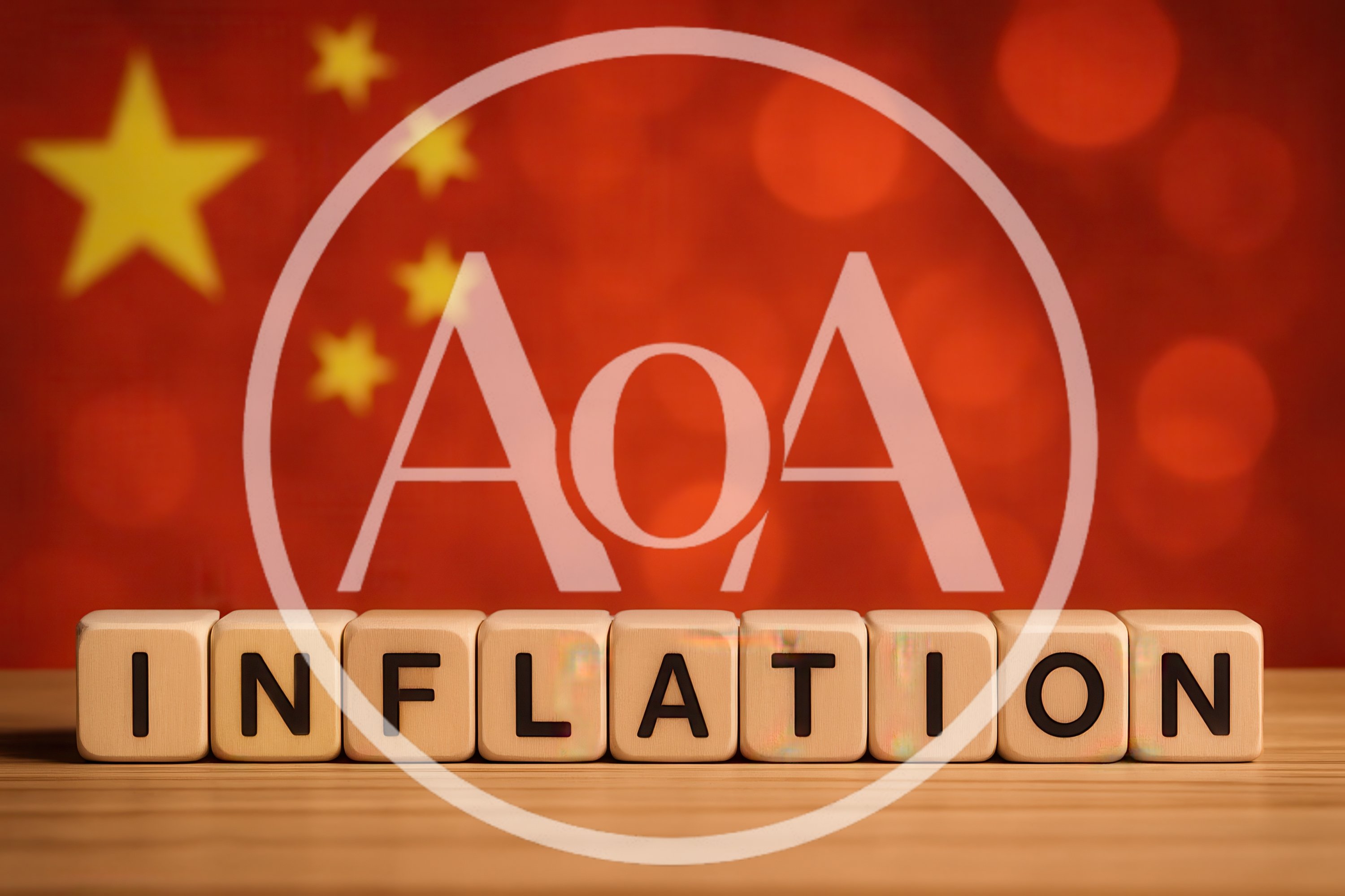 Wooden Blocks Spelling Inflation Against Chinese Flag Background