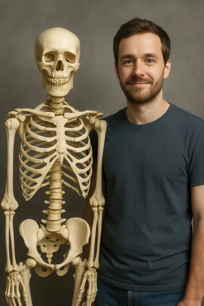 Man Standing Next To An Anatomical Skeleton Model
