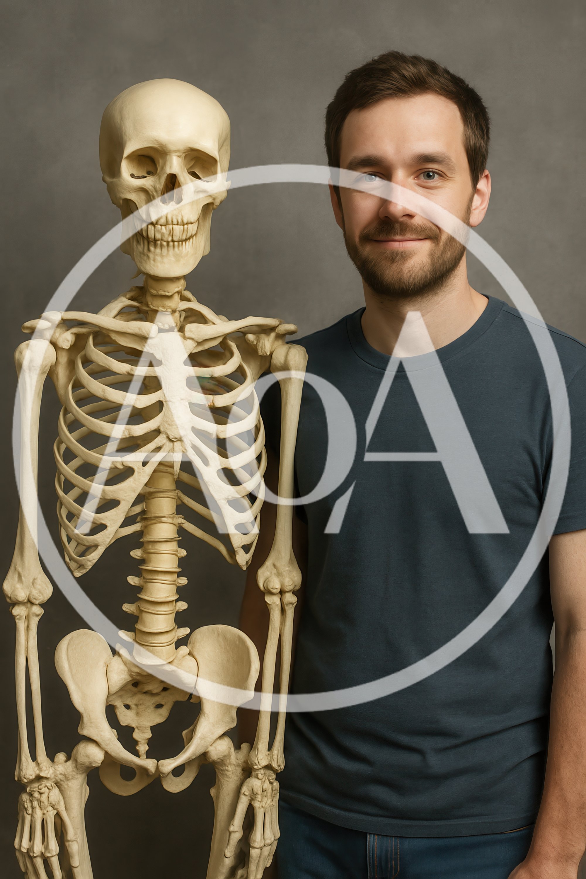 Man Standing Next To An Anatomical Skeleton Model