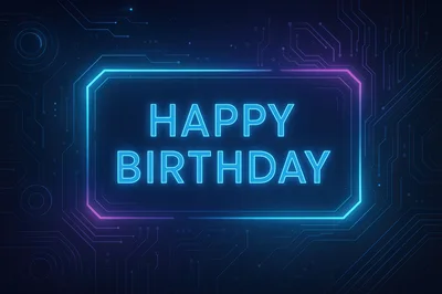 Neon Happy Birthday Sign on Digital Circuit Background