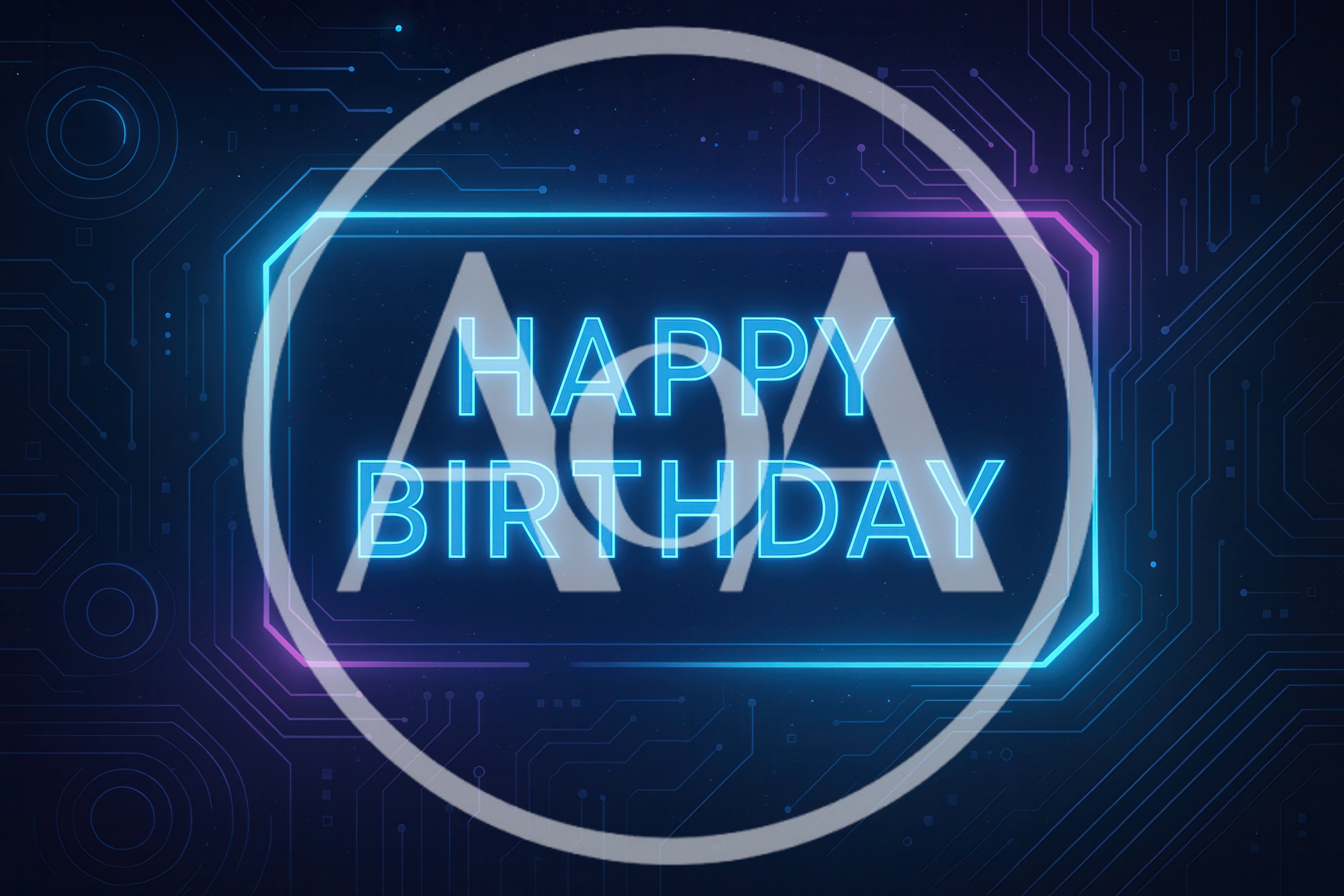 Neon Happy Birthday Sign on Digital Circuit Background