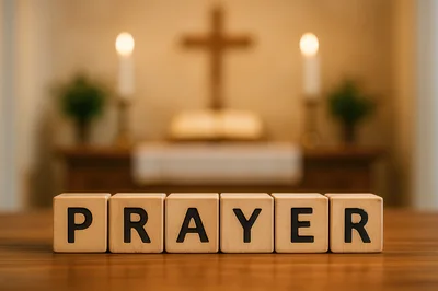 Wooden Blocks Spelling Prayer on a Church Altar