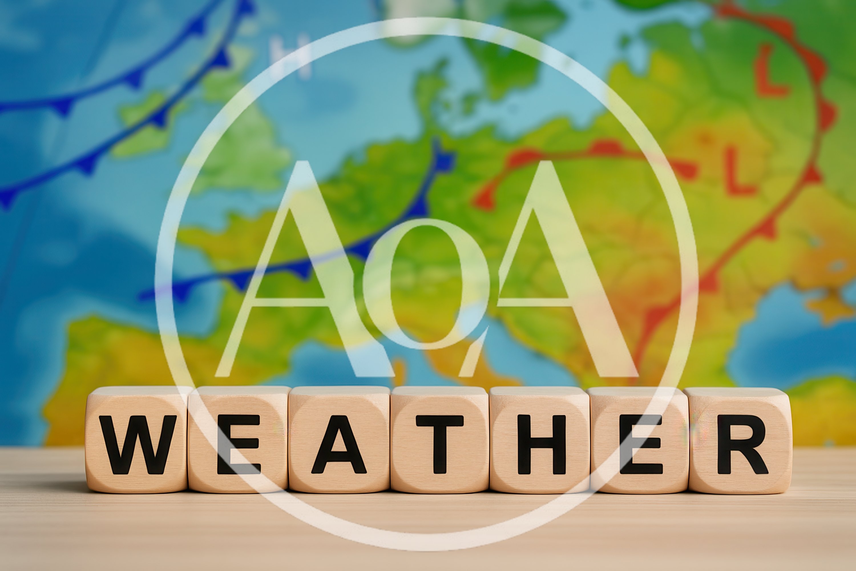 Wooden Blocks Spelling Weather In Front Of Map