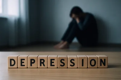 Wooden Blocks Spelling Depression With A Person In Background