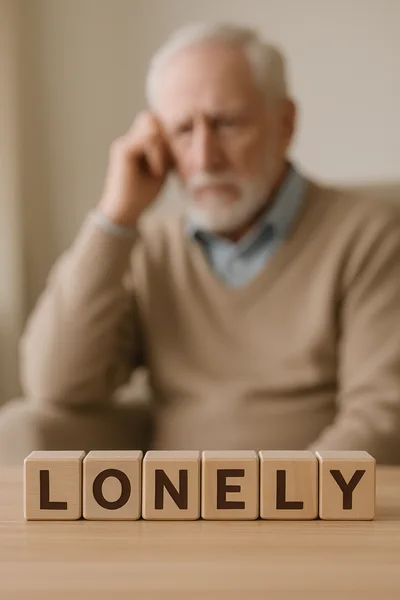 Senior Man Sitting Alone With Lonely Wooden Blocks