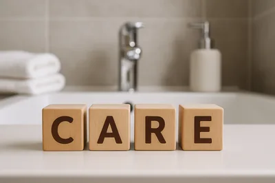 Wooden Blocks Spelling Care on Bathroom Countertop