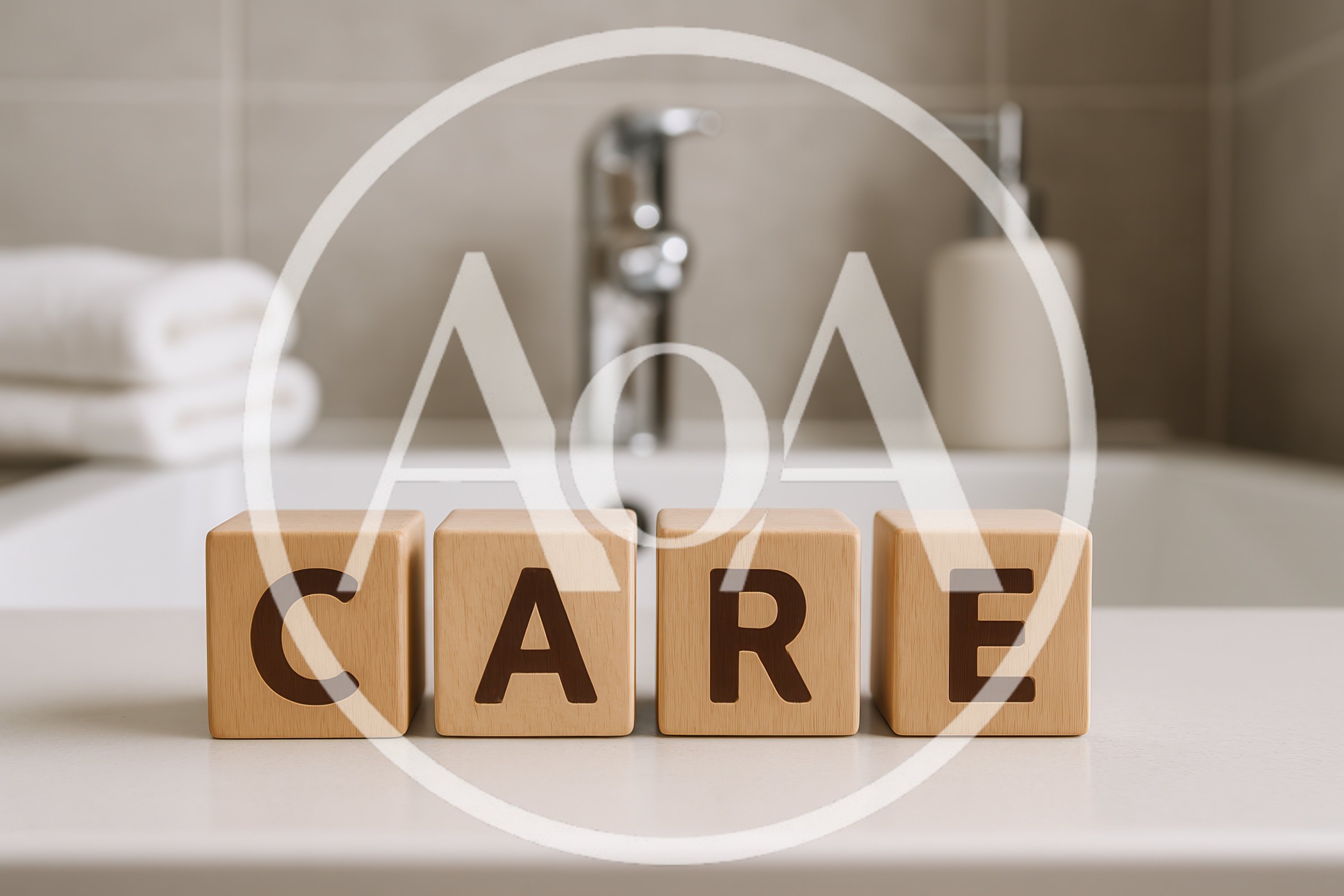 Wooden Blocks Spelling Care on Bathroom Countertop