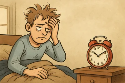 Tired Man Waking Up To An Alarm Clock