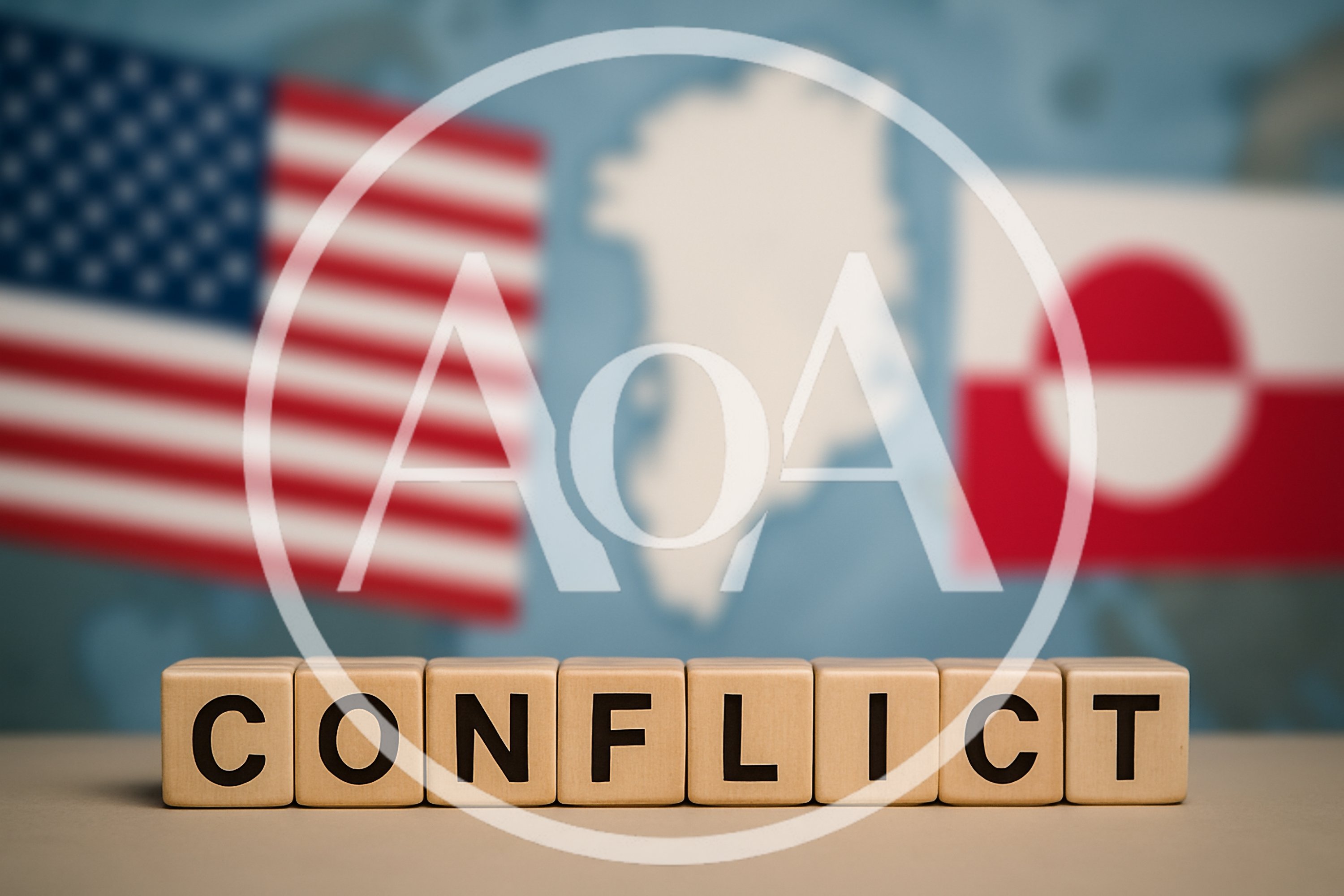 Wooden Blocks Spelling Conflict With US and Greenland Flags