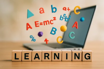 Online Education Concept With Floating Educational Symbols
