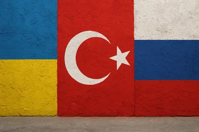 Flags Of Ukraine Turkey And Russia Painted On Wall