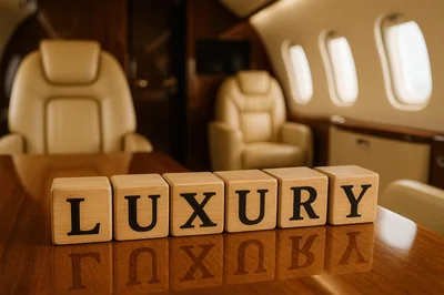 Wooden Blocks Spelling Luxury Inside Private Jet Cabin