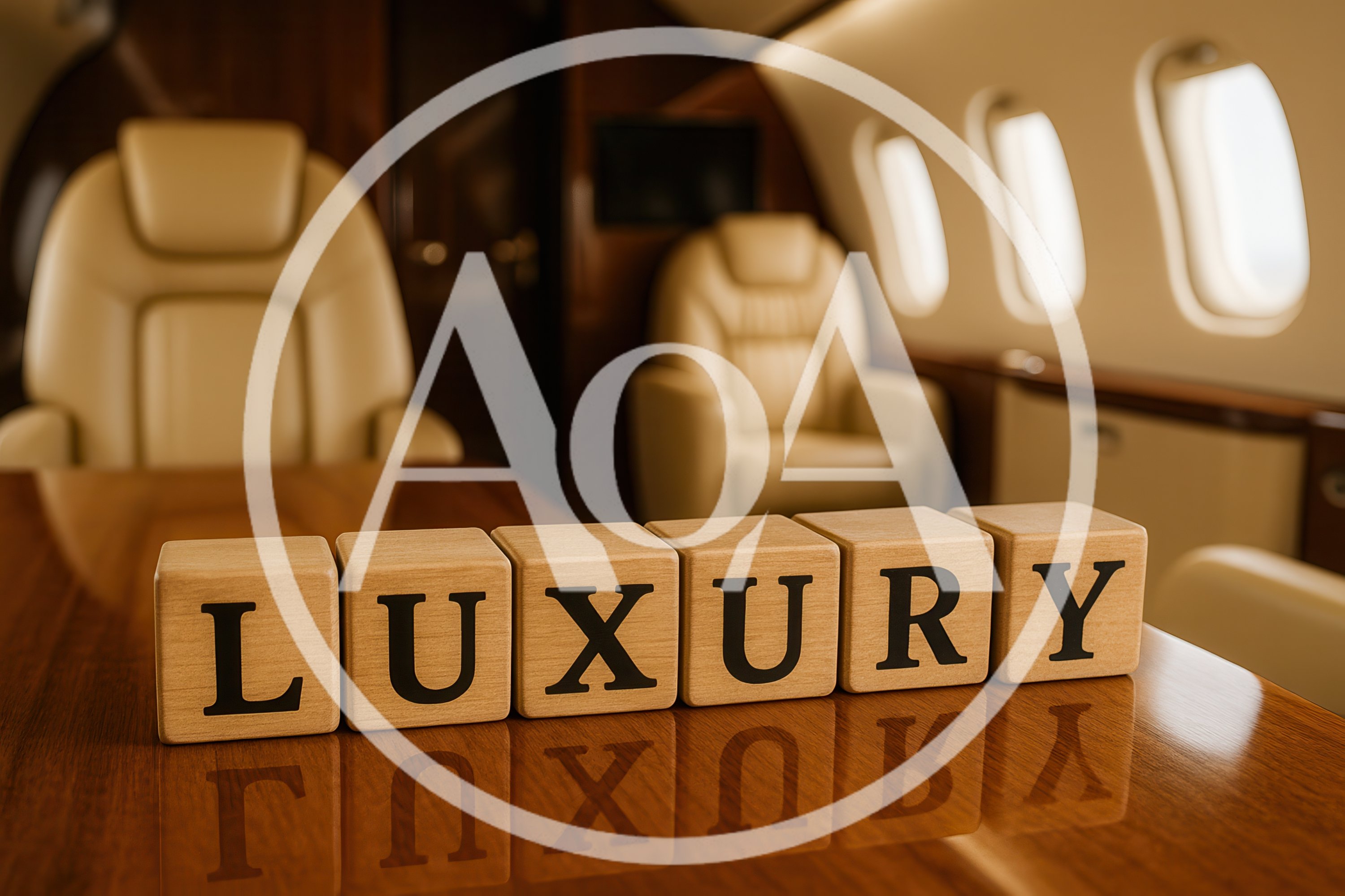 Wooden Blocks Spelling Luxury Inside Private Jet Cabin