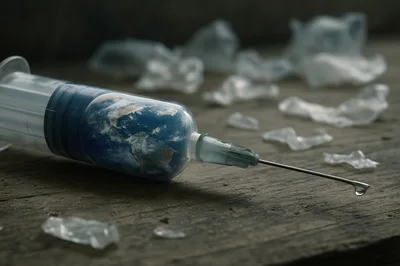 Syringe Containing Planet Earth On Wooden Surface