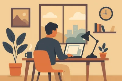 Man Working On Laptop In Home Office