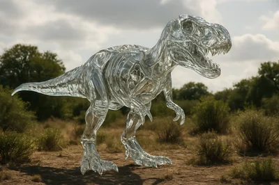 Transparent Glass Tyrannosaurus Rex Sculpture In Natural Landscape