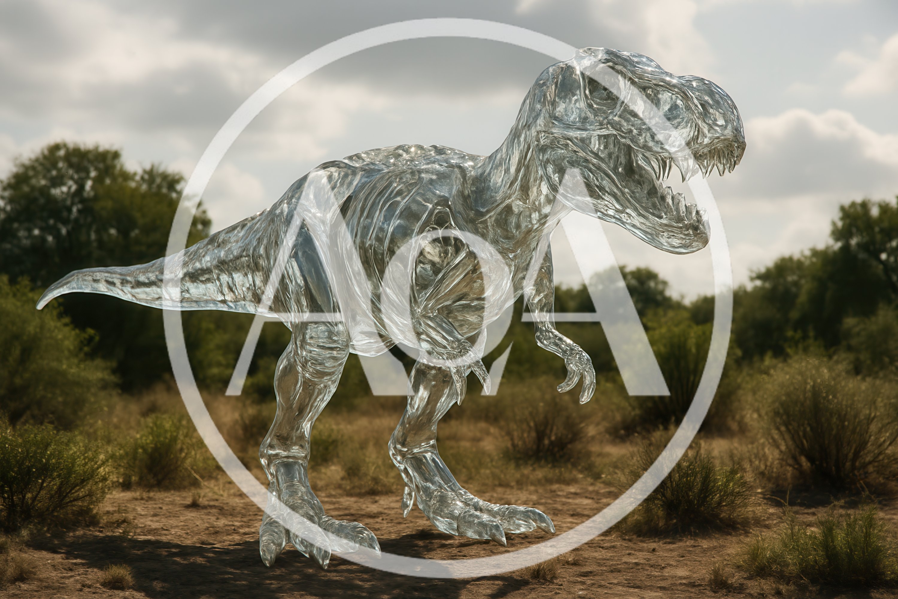 Transparent Glass Tyrannosaurus Rex Sculpture In Natural Landscape