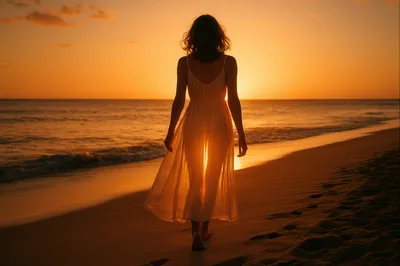 Woman Walking Along Beach At Sunset