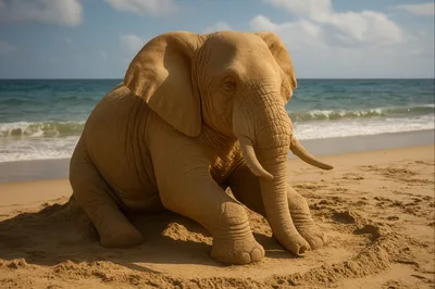 Sand Sculpture Of An Elephant On A Beach